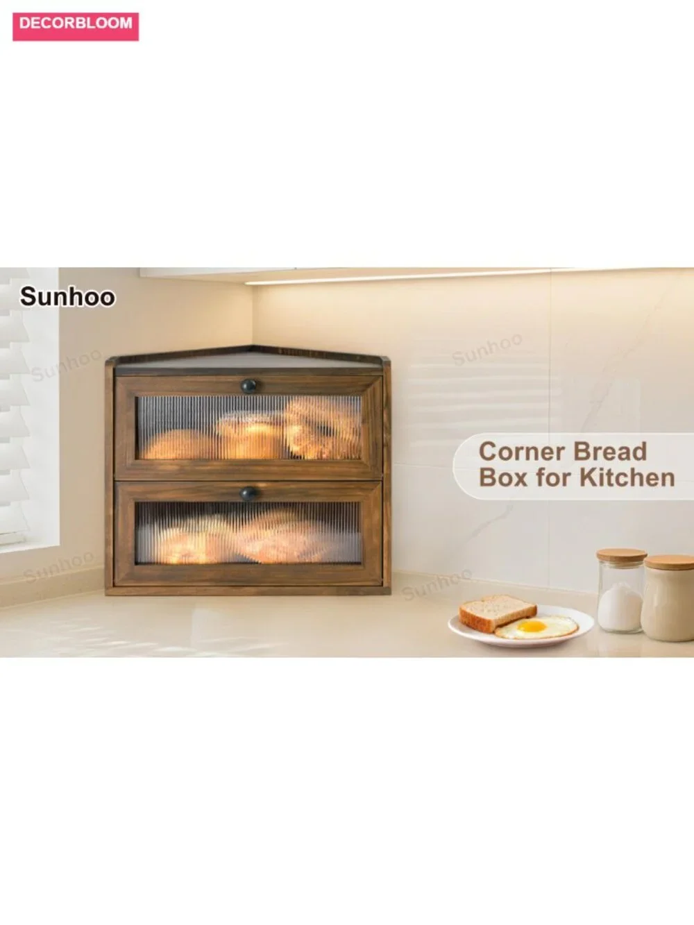 Large 2-Tier Wooden Bread Box with Acrylic Window for Kitchen Countertop Corner